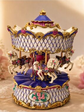 Vintage Porcelain Carousel Music Box • Victorian Rococo Style • Hand-Painted